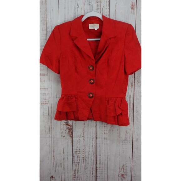 David Warren New york Blazer Womens 8 Red Button Up Ruffle Short Sleeve Vintage - Picture 1 of 16